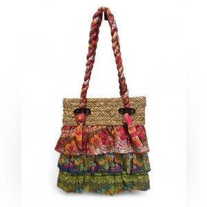 Capelli Straworld Boho Floral Ruffle Straw Tote 👜